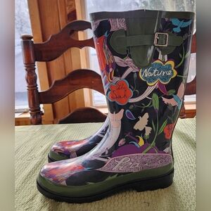 Sakroots Nature Rain Boots Black Tonal Peace Print Womens Size 10 Birds NIB New